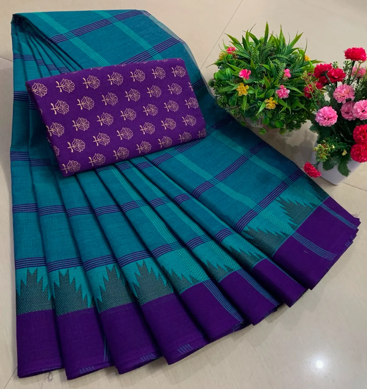 Royal Teal Chettinadu Pure Cotton Saree with Kalamkari Blouse